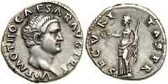 Otho, AD 69. Silver Denarius (3.5g). Bare head of Otho facing right. Reverse: Security standing left with wreath and scepter. RIC 8; BMCRE 17; RSC 17. Pleasing antique grey toning. Rare. Very Fine. Es