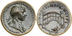 Trajan, AD 98-117. Bronze Sestertius (26g) minted at Rome, AD 105. Laureate bust right of Trajan, left shoulder draped. Reverse : S P Q R OPTIMO PRINCIPI. Arched single-span bridge over river, with co