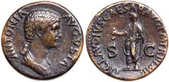 Antonia Minor, mother of Claudius. AE Dupondius (14.1g), Augusta, AD 37 and 41. Rome, under Claudius, AD 41/2. ANTONIAN AVGVSTA, draped bust of Antonia right, hair in long plait down back of neck.Reve