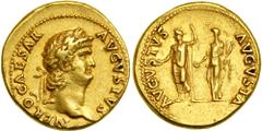 Nero. AD 54-68. Gold aureus (7.32g). Rome, ca. AD 64/5. NERO CAESAR AVGVSTVS, laureate head of Nero right. Reverse AVGVSTVS AVGVSTA, Nero, radiate, holding pater and scepter, and Poppaea Sabina, veile