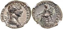 Trajan, AD 98-117. Silver Denarius (3.19g). Rome, AD 116/7. IMP CAES NER TRAIAN OPTIM AVG GERM DAC, laureate and draped bust of Trajan right.Reverse: PARTHICO P M TR P COS VI P P S P Q R, FORT RED in 