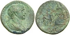 Trajan. AD 98-117. Bronze Sestertius (19.3g). Laureate and draped bust of Trajan facing right. Reverse: REX PARTHIS DATVS, emperor seated left on platform, placing diadem on the head of Parthamaspates