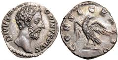 Divus Marcus Aurelius. Silver Denarius (3.0g), died AD 180. Rome, posthumously under Commodus, AD 180. DIVVS M ANT-ONINVS PIVS, bare head of Marcus Aurelius right. Reverse CONSECRATIO, eagle standing 