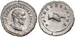 Pupienus, AD 238. Silver antoninianus (3.8g). Rome. IMP CAES PVPIEN MA[XIMVS AVG], radiate, draped and cuirassed bust of Pupienus right. Reverse PATRES SENATVS, clasped hands. RIC 11b; BMC 92-4; RSC 2