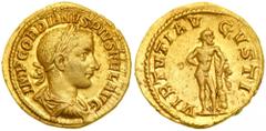 Gordian III, AD 238-244. Gold Aureus (4.94g) minted at Rome, late AD 240-early 243. Laureate, draped and cuirassed bust of Gordian III right. Reverse: Hercules resting after the completion of his Labo