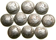 Celtic Coinage, Danube Region. Imitating Philip II of Macedon. Ca. 2nd Century BC. Silver Tetradrachms. Imitating Philip II of Macedon. Chinless Type. Diademed head of Zeus right, chinless. Reverse: R