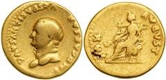 Vespasian. Gold Aureus (7.0 g), AD 69-79. Rome, AD 75. IMP CAESAR VESPASIANVS AVG, bare head of Vespasian left. Reverse PAX AVGVST, Pax seated left, holding branch and scepter. RIC 771; Calic 662b. Ra