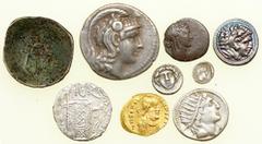 9-piece lot of Ancients. Consists of: 5 Greek silver coins, 1 Roman Republican silver denarius and 3 Byzantine coins. The highlight pieces are: Athens late style AR tetradrachm in VF, a Superb EF Alex