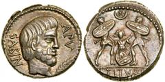 L. Titurius L.f. Sabinus. Silver Denarius (3.9 g), 89 BC. Rome. SABIN behind, bare head of King Tatius right; before, A PV; below chin, palm branch. Reverse [L] TITVRI in exergue, Tarpeia, facing, bur