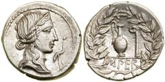 Q. Caecilius Metellus Pius. Silver Denarius (3.68 g), 81 BC. Mobile military mint with Sulla's army in northern Italy. Diademed head of Pietas right; to right, stork standing right. Reverse IMPER, jug