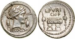 L. Furius Cn.f. Brocchus. Silver Denarius (4.0g), 64 BC. Rome. III VIR across field, BROCCHI below, bust of Ceres right, wreathed with grain ears, between wheat ear and barley corn. Reverse L FVRI / C