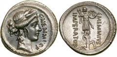 C. Memmius C.f. Silver Denarius (3.88 g), 56 BC. Rome. C MEMMI C F, head of Ceres right, wreathed with grain ears. Reverse C MEMMIVS IMPERATOR, bound captive kneeling right beneath trophy. Crawford 42