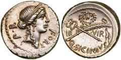 Q. Sicinius. Silver Denarius (4.0 g), 49 BC. Rome. FORT P R, diademed head of Fortuna Populi Romani right. Reverse III VIR across field, Q SICINIVS, crossed palm branch and caduceus; above, wreath. Cr