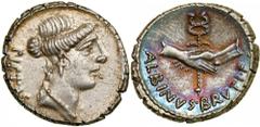Albinus Bruti f. Silver Denarius (3.94 g), 48 BC. Rome. PIETAS behind, bare head of Pietas right. Reverse ALBINVS BRVTI F, clasped hands holding winged caduceus. Crawford 450/2; HCRI 26; Sydenham 942;