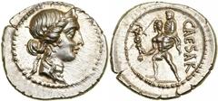 Julius Caesar. Silver Denarius (3.87 g), 48-47 BC. Military mint traveling with Caesar in North Africa. Diademed head of Venus right. Reverse CAESAR, Aeneas advancing left, holding palladium and beari