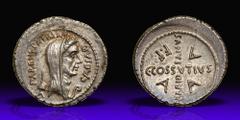 Julius Caesar. Silver Denarius (3.97 g), 44 BC. A rare and exceptional denarius. Rome. C. Cossutius Maridianus, moneyer. CAESAR before, PARENS PATRIAE behind, wreathed and veiled head of Julius Caesar
