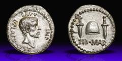 Brutus. Silver Denarius (3.52 g), 42 BC. Mint moving with Brutus in northern Greece. L. Plaetorius Cestianus, magistrate. BRVT above, IMP before, L PLAET CEST behind, bare head of Brutus right. Revers