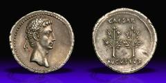 Augustus. Silver Denarius (3.72 g), 27 BC-AD 14. Caesaraugusta (?), ca. 19/8 BC. Head of Augustus right, wreathed with oak-leaves. Reverse CAESAR AVGVSTVS, two laurel branches. RIC 33a; BMC 352; RSC 4