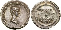 Nero. Silver Denarius (3.6 g), as Caesar, AD 50-54. Rome, under Claudius, AD 51. NERONI CLAVDIO DRVSO GERM COS DESIGN, bare-headed and draped bust of Nero right. Reverse EQUESTER / OR-DO / PRINCIPI / 