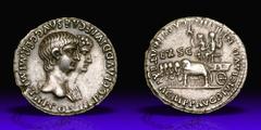 Nero, with Agrippina II. Silver Denarius (3.65 g), AD 54-68. Rome, AD 55. NERO CLAVD DIVI F CAES AVG GERM IMP TR P COS, jugate busts of Nero and Agrippina II right, Nero with a small fold of drapery b