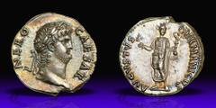 Nero. Silver Denarius (3.53 g), AD 54-68. Rome, ca. AD 64/5. NERO CAESAR, laureate head of Nero right sporting slight beard. Reverse AVGVSTVS GERMANICVS, Nero standing facing, radiate and togate, hold