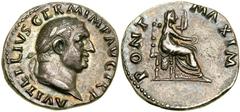 Vitellius. Silver Denarius (3.30 g), AD 69. Rome. A VITELLIVS GERM IMP AVG TR P, laureate head of Vitellius right. Reverse PONT MAXIM, Vesta, veiled, seated on throne right, holding patera and scepter