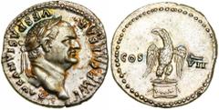 Vespasian. Silver Denarius (3.09 g), AD 69-79. Rome, AD 76. IMP CAESAR VESPASIANVS AVG, laureate head of Vespasian right. Reverse COS VII, eagle standing facing on garlanded cippus, head left. RIC 847