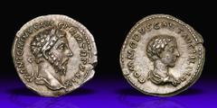 Marcus Aurelius, with Commodus, as Caesar. Silver Denarius (3.25 g), AD 161-180. Rome, AD 175. M ANTONINVS AVG GERM TR P XXIX, laureate head of Marcus Aurelius right. Reverse COMMODVS CAES AVG FIL GER