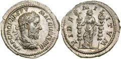 Macrinus. Silver Denarius (3.5 g), AD 217-218. Rome. IMP C M OPEL SEV MACRINVS AVG, laureate, draped and cuirassed bust of Macrinus right. Reverse FIDES MILITVM, Fides standing facing, head right, res