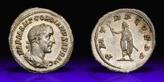 Gordian I Africanus. Silver Denarius (3.19 g), AD 238. Rome. IMP M ANT GORDIANVS AFR AVG, laureate, draped and cuirassed bust of Gordian I right. Reverse P M T-R P COS P P, emperor, togate, standing f