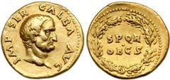 Galba. Gold Aureus (7.0 g), AD 68-69. Rome. IMP SER GALBA AVG, bare head of Galba right. Reverse S P Q R / OB CIVES in two lines within oak wreath. RIC 164; BMC 31; Calic 509. Signs of old burnishing.