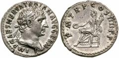 Trajan. Silver Denarius (3.5 g), AD 98-117. Rome, AD 101/2. IMP CAES NERVA TRAIAN AVG GERM, laureate and draped bust of Trajan right. Reverse: P M TR P COS IIII P P, Vesta, veiled, seated left, holdin