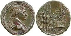 Trajan, AD 98-117. AE Sestertius (26.4g), minted at Rome, winter AD 114-early 116. Laureate and draped bust of Trajan right. Reverse Trajan seated left on platform with prefect behind, extending right