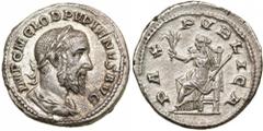 Pupienus. Silver Denarius (3.3 g), AD 238. Rome. IMP C M CLOD PVPIENVS AVG, laureate, draped and cuirassed bust of Pupienus right. Reverse PAX PVBLICA, Pax seated left, holding branch and scepter. RIC