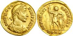 Procopius, AD 365-366. Gold Solidus (3.99 g) minted at Constantinople. Diademed, cuirassed and draped bust right of Procopius. Reverse Emperor standing left, head right, holding spear and shield. RIC 