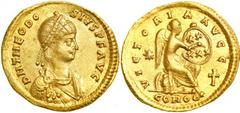 Theodosius II, AD 402-450. Gold Semissis (2.15 g) minted at Constantinople, AD 420-422. Diademed, cuirassed and draped bust right of Theodosius II. Reverse Victory seated right, inscribing shield; in 