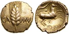 Celtic Britain, Trinovantes and Catuvellauni. Cunobelin. Gold Stater (5.4 g), ca. AD 10-43. 'Trinovantian V'. Struck circa AD 10-20. CA-MV across field, divided by wheat ear lacking central stalk. Rev
