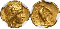Calabria, Taras. Gold ¼ Stater (2.14 g), ca. 276-272 BC. Laureate head of Apollo right, with long hair; behind, AP monogram. Reverse: TAPANT[INΩN], eagle standing left on thunderbolt, wings spread; be