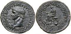 Nero Claudius Drusus. Æ Sestertius (29.0 g), died 9 BC. Rome, under Claudius, ca. AD 50-54. NERO CLAVDIVS DRVSVS GERMANICVS IMP, bare head of Nero Claudius Drusus left. Reverse: TI CLAVDIVS CAESAR AVG