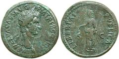 Nerva. Æ Sestertius (27.1 g), AD 96-98. Rome, AD 97. IMP NERVA CAES AVG P M TR P II COS III P P, laureate head of Nerva right. Reverse: LIBERTAS PUBLICA, Libertas standing facing, head left, holding p