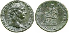 Trajan. Æ Sestertius (25.7 g), AD 98-117. Rome, AD 101/2. IMP CAES NERVA TRAIAN AVG GERM P M, laureate head of Trajan right. Reverse: T R POT COS IIII P P, Pax seated left, holding olive branch and sc