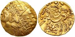 Celtic, Northeast Gaul. Ambiani. Gold Stater (7.66 g), Late 2nd century BC. Gallo-Belgic A. Celticized head of Apollo right. Reverse: Disjointed warrior driving chariot left;below, sun-rosette. Delest
