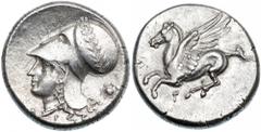 Corinthia, Corinth. Silver Stater (8.6 g), ca. 375-300 BC. Pegasus flying left;below, koppa. Reverse: Helmeted head of Athena left, bowl of helmet adorned with wreath;behind, aegis;below neck, A-P. Pe