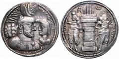 Sasanian Kingdom. Varhran II. Silver Drachm (4.2 g), AD 276-293. Bust of Varhran II right, wearing winged crown with korymbos, and Prince 3 left, wearing kolah with boar's head. Reverse: Fire altar, f
