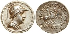 Baktrian Kingdom. Eukratides I. Silver Tetradrachm (16.9 g), ca. 171-145 BC. Diademed, draped and cuirassed bust of Eukratides I right, wearing crested helmet adorned with bull's horn and ear. Reverse