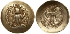 Hunnic Tribes, Alchon Huns. Uncertain king. Gold Dinar (7.10 g), mid-late 5th century AD. Uncertain Baktrian mint (Balkh?). King standing left, sacrificing at altar and holding trident;in left field, 