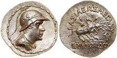 Baktrian Kingdom. Eukratides I. Silver Tetradrachm (16.9 g), ca. 171-145 BC. Diademed, draped and cuirassed bust of Eukratides I right, wearing crested helmet adorned with bull's horn and ear. Reverse