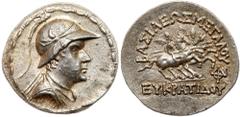 Baktrian Kingdom. Eukratides I. Silver Tetradrachm (16.9 g), ca. 171-145 BC. Diademed, draped and cuirassed bust of Eukratides I right, wearing crested helmet adorned with bull's horn and ear. Reverse