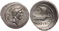 Sextus Pompey (son of Pompey the Great), Silver Denarius (4 g), 42-38 BC. Massilia, executed 35 BC, under the commander of the fleet, Q. Nasidius. NEPTVNI behind, bare head of Pompey the Great facing 