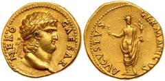 Nero. Gold Aureus (7.3 g), AD 54-68. Rome, AD 64-68. NERO CAESAR, laureate head of Nero right, with slight beard. Reverse: AVGVSTVS GERMANICVS, Nero, radiate and togate, standing facing with knee bent